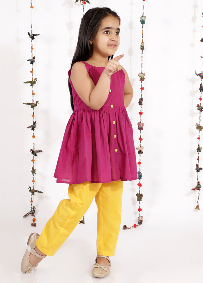 Pink And Yellow Pure Handloom Cotton Fabric Short Kurta With Straight Pants