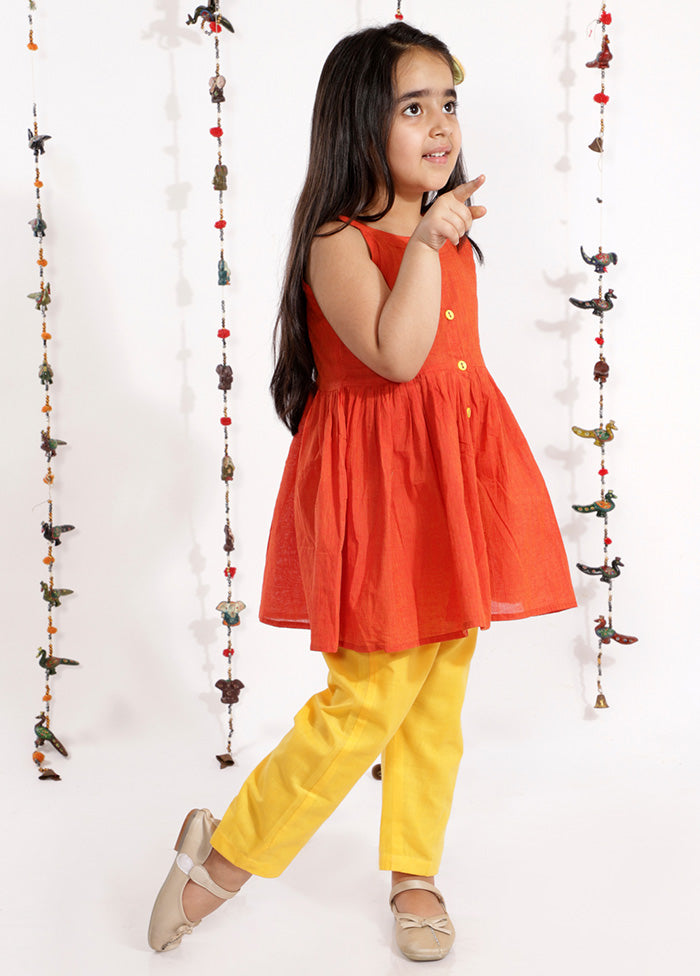 Orange And Yellow Pure Handloom Cotton Fabric Short Kurta With Straight Pants