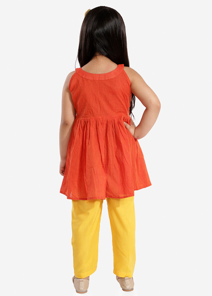 Orange And Yellow Pure Handloom Cotton Fabric Short Kurta With Straight Pants
