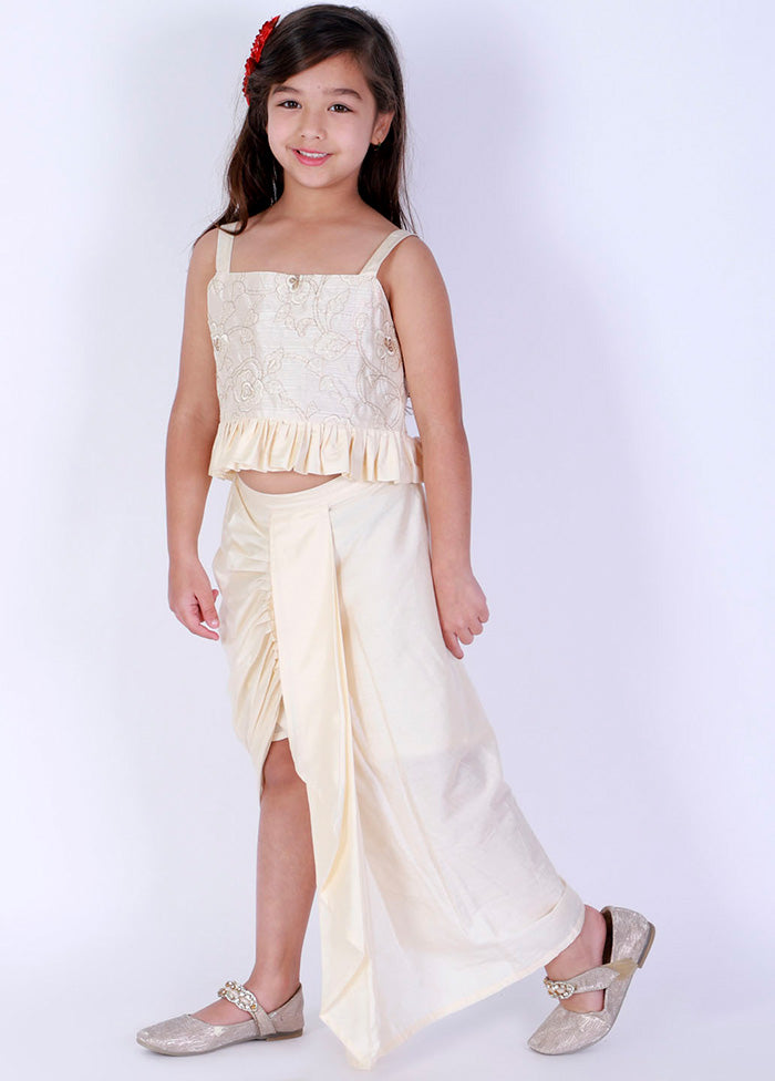 Cream Embroidered Silk Crop Top With Draped Skirt