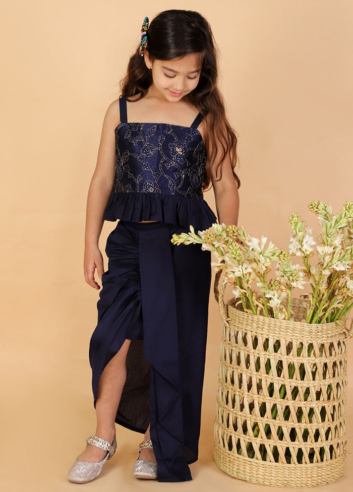 Navy Blue Embroidered Silk Crop Top With Draped Skirt