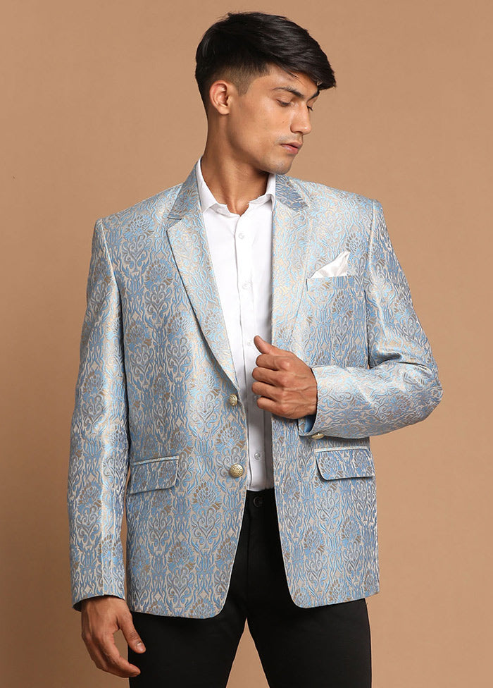 Greyish Blue Dupion Silk Printed Blazer VDVAS30062288 - Indian Silk House Agencies