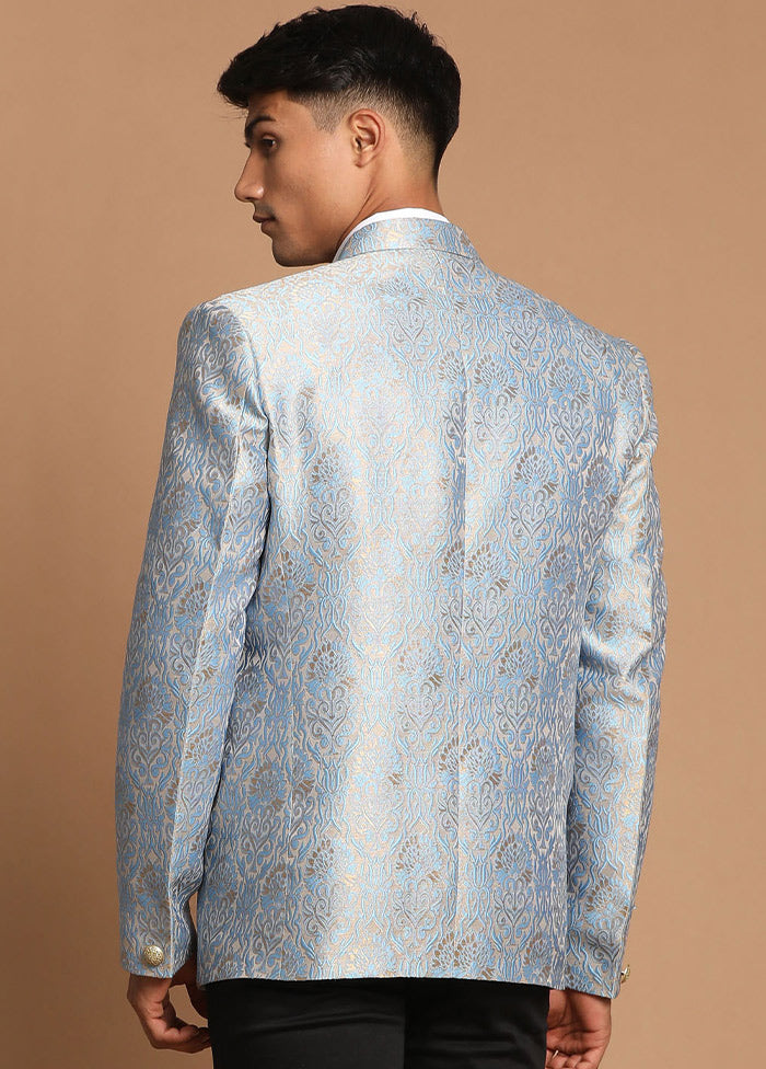 Greyish Blue Dupion Silk Printed Blazer VDVAS30062288 - Indian Silk House Agencies