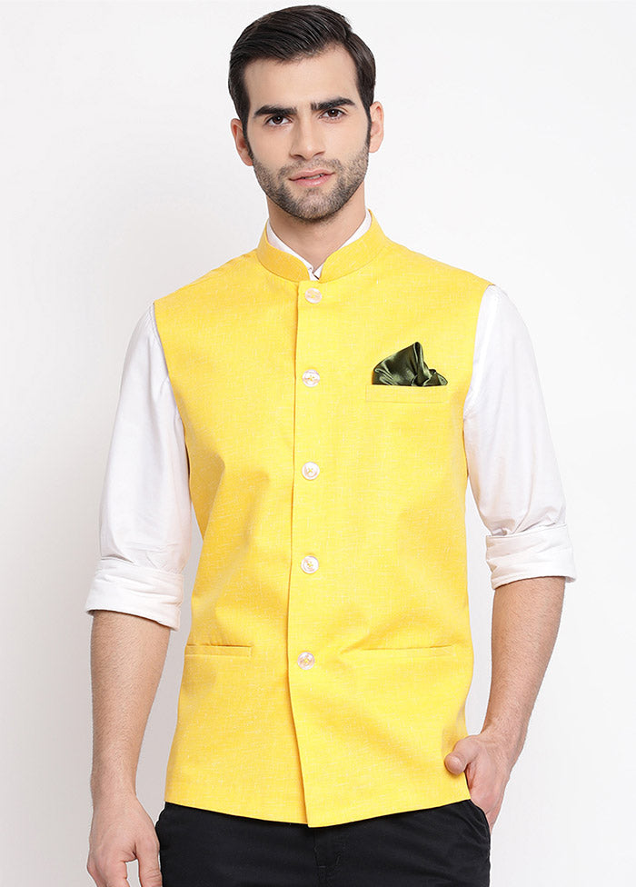 Yellow Cotton Solid Nehru Jacket VDVAS30062548 - Indian Silk House Agencies