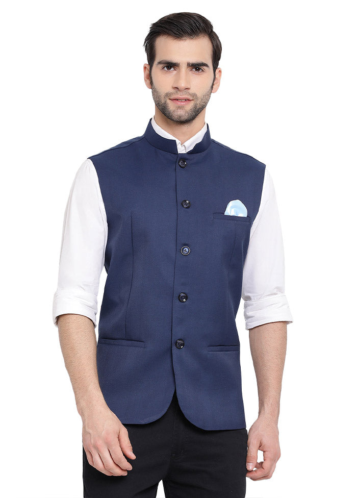Navy Blue Cotton Solid Nehru Jacket VDVAS30062552 - Indian Silk House Agencies