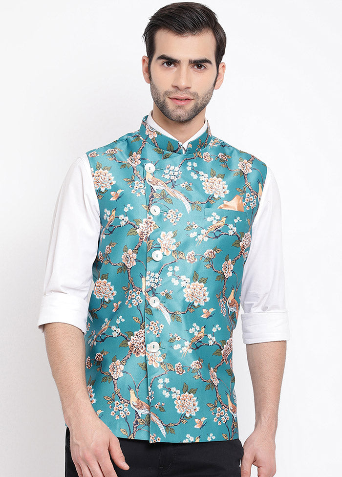 Turquoise Dupion Silk Printed Nehru Jacket VDVAS30062558 - Indian Silk House Agencies