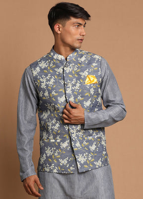 Grey Cotton Printed Nehru Jacket VDVAS30062575 - Indian Silk House Agencies