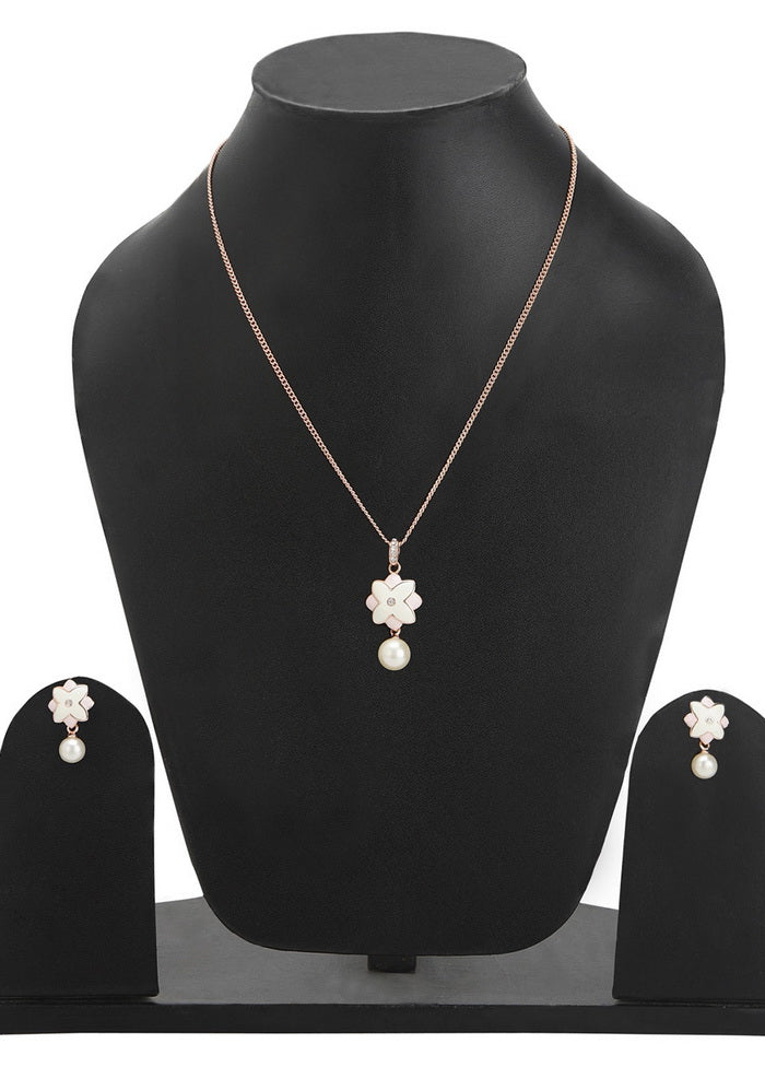 Estelle Charming Rose Gold Plated Solitaire Floral Pearl Drop Pendant Necklace - Indian Silk House Agencies