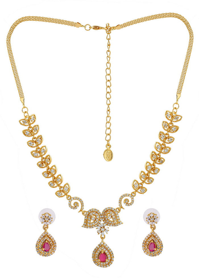 Estelle Traditional Gold plated Paisley crush Necklace with American diamond and cz ruby - Indian Silk House Agencies
