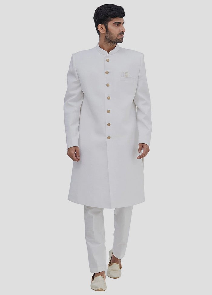 2 Pc Off White Dupion Silk Sherwani And Pant Set VDIP280346 - Indian Silk House Agencies