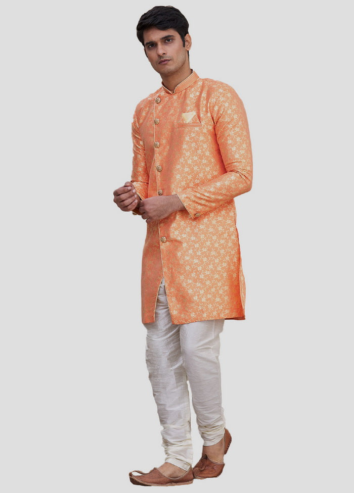 2 Pc Orange Dupion Silk Sherwani And Pant Set VDIP280336 - Indian Silk House Agencies