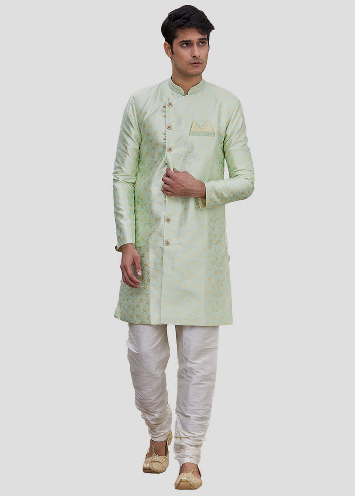 2 Pc Pista Green Dupion Silk Sherwani And Pant Set VDIP280338 - Indian Silk House Agencies