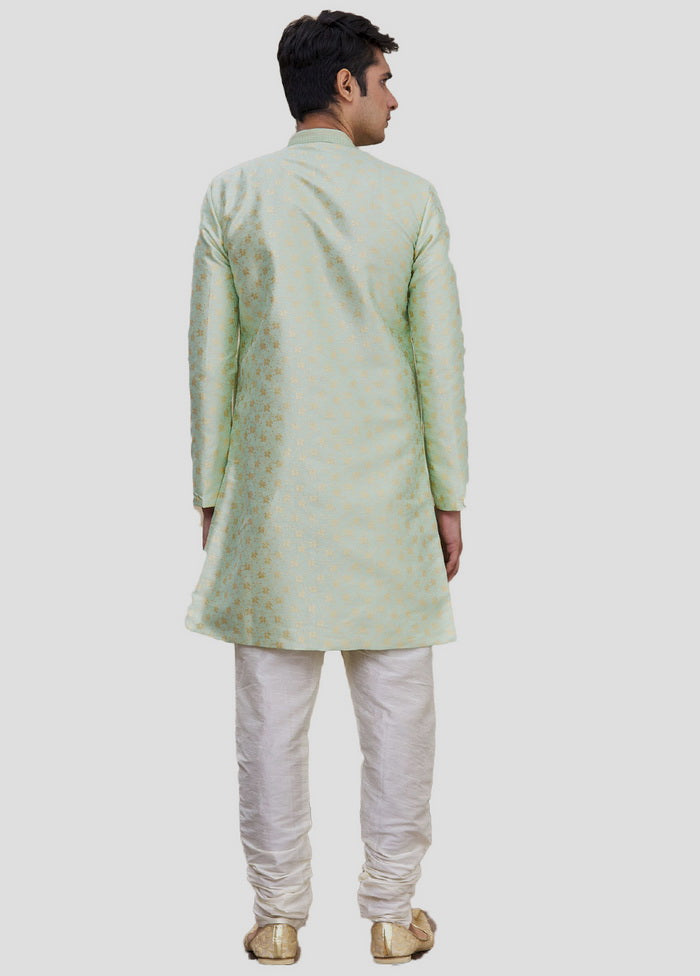 2 Pc Pista Green Dupion Silk Sherwani And Pant Set VDIP280338 - Indian Silk House Agencies