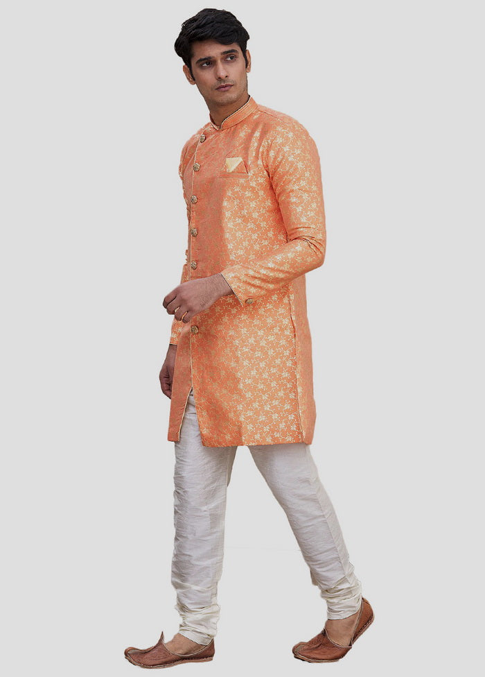 2 Pc Orange Dupion Silk Sherwani And Pant Set VDIP280340 - Indian Silk House Agencies