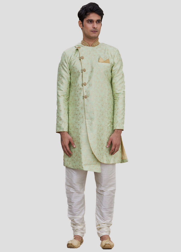 2 Pc Pista Green Dupion Silk Sherwani And Pant Set VDIP280341 - Indian Silk House Agencies