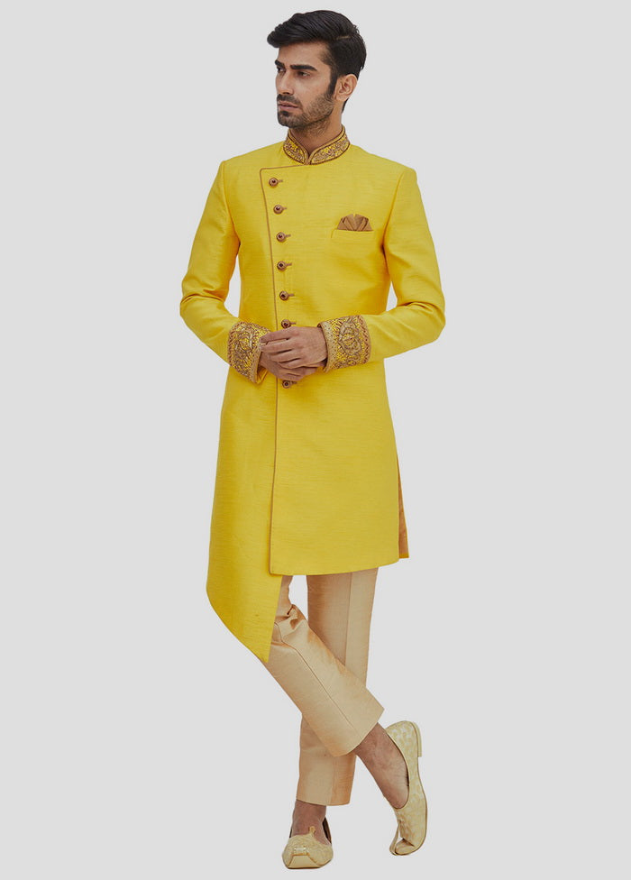 2 Pc Yellow Dupion Silk Sherwani And Pant Set VDIP280356 - Indian Silk House Agencies