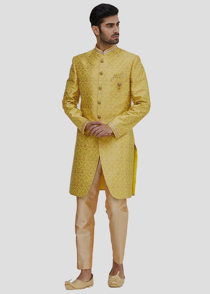 2 Pc Yellow Dupion Silk Sherwani And Pant Set VDIP280354 - Indian Silk House Agencies