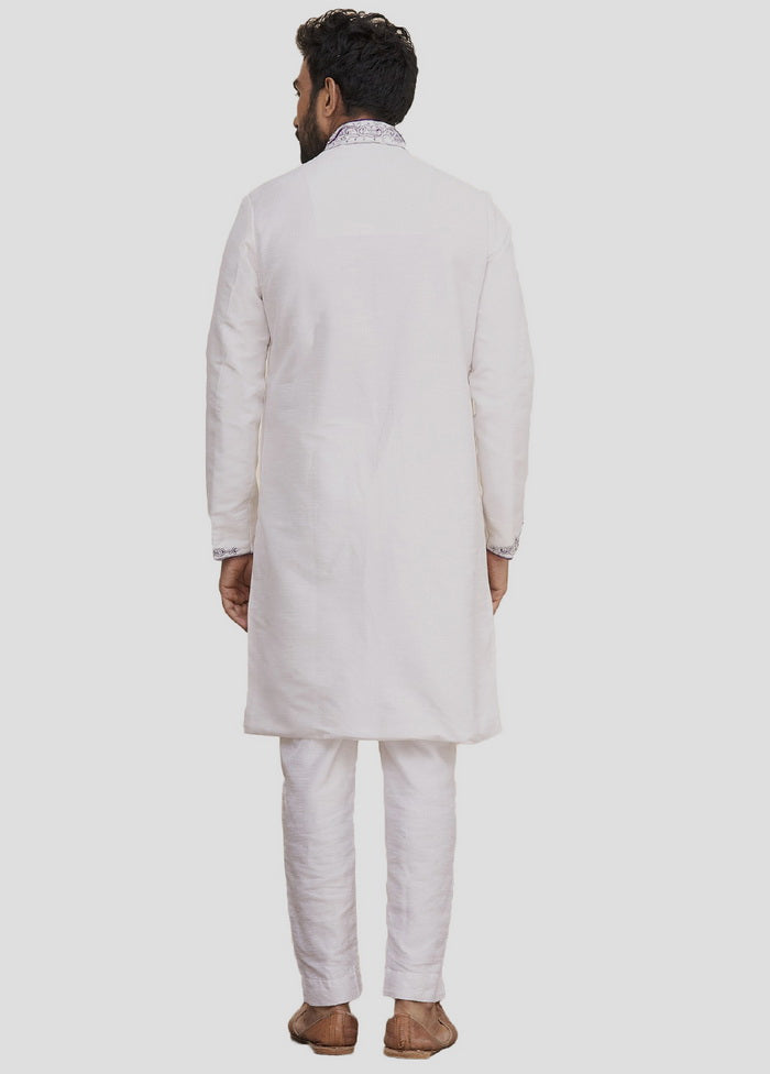 2 Pc Off White Dupion Silk Sherwani And Pant Set VDIP280344 - Indian Silk House Agencies