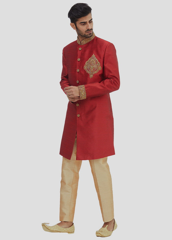 2 Pc Maroon Dupion Silk Sherwani And Pant Set VDIP280361 - Indian Silk House Agencies