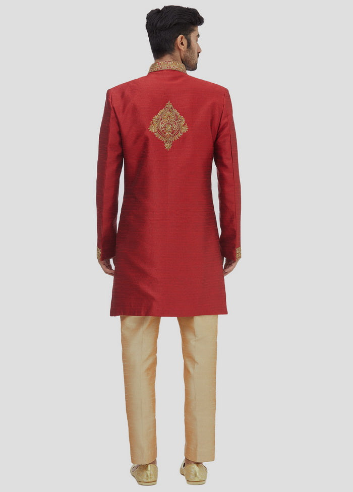 2 Pc Maroon Dupion Silk Sherwani And Pant Set VDIP280361 - Indian Silk House Agencies