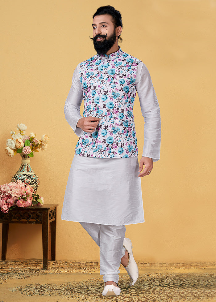 3 Pc White Mandarin Collar Dupion Silk Ethnic Wear Set