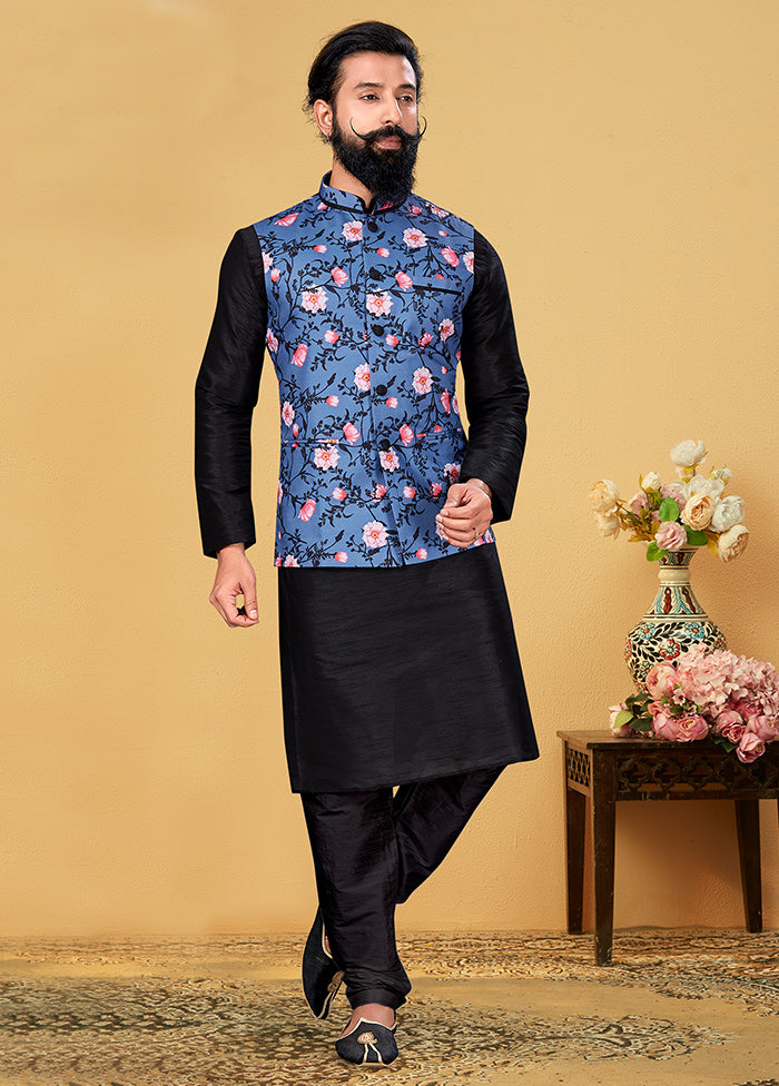 3 Pc Blue Mandarin Collar Dupion Silk Ethnic Wear Set