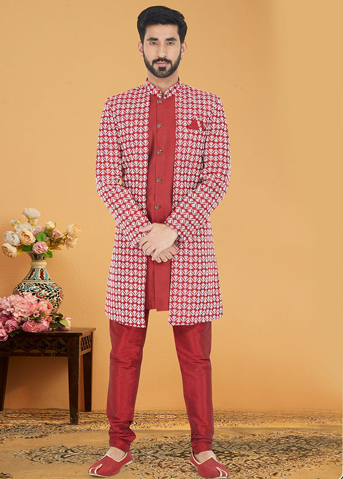 2 Pc Red Cotton Kurta And Pajama Set