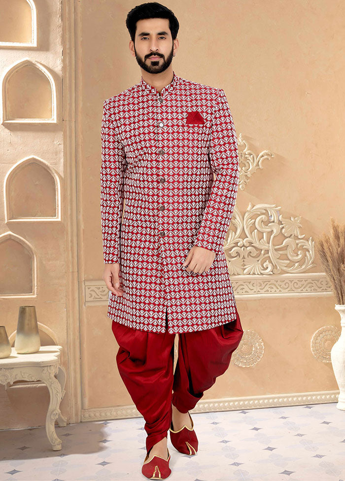 2 Pc Red Dupion Silk Kurta And Pajama Set