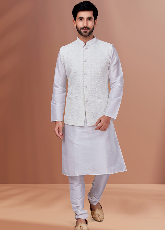 3 Pc White Dupion Silk Ethnic Wear Set