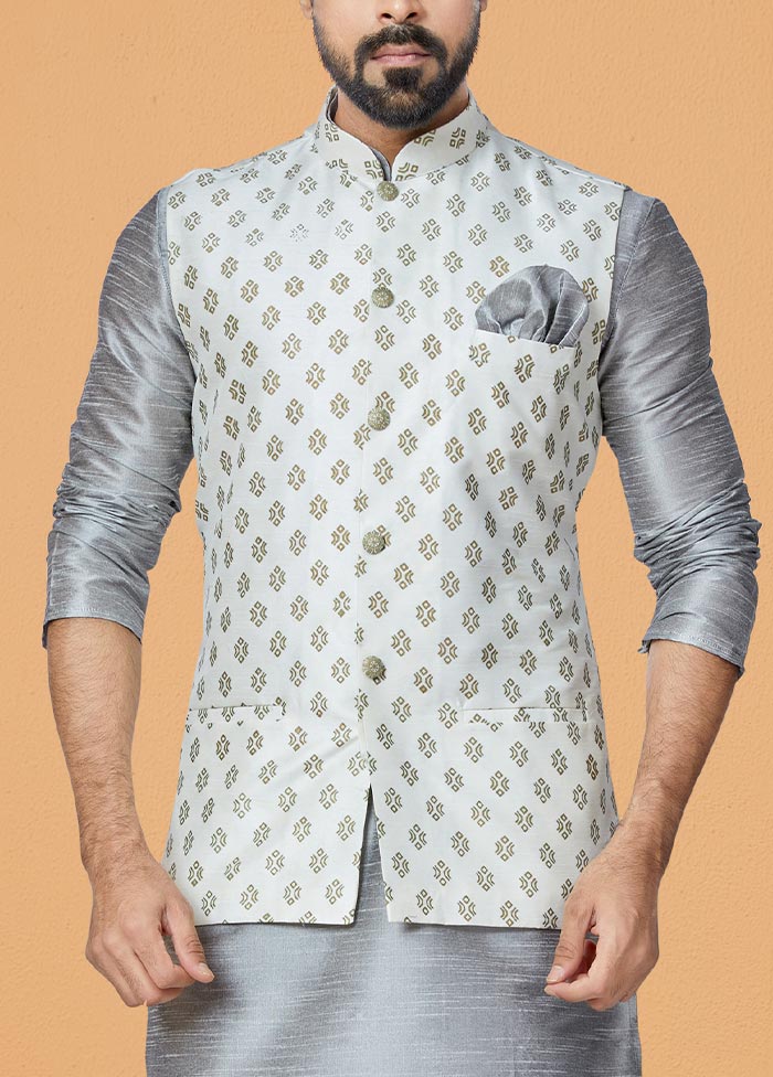 3 Pc Grey Dupion Silk Kurta Pajama Set