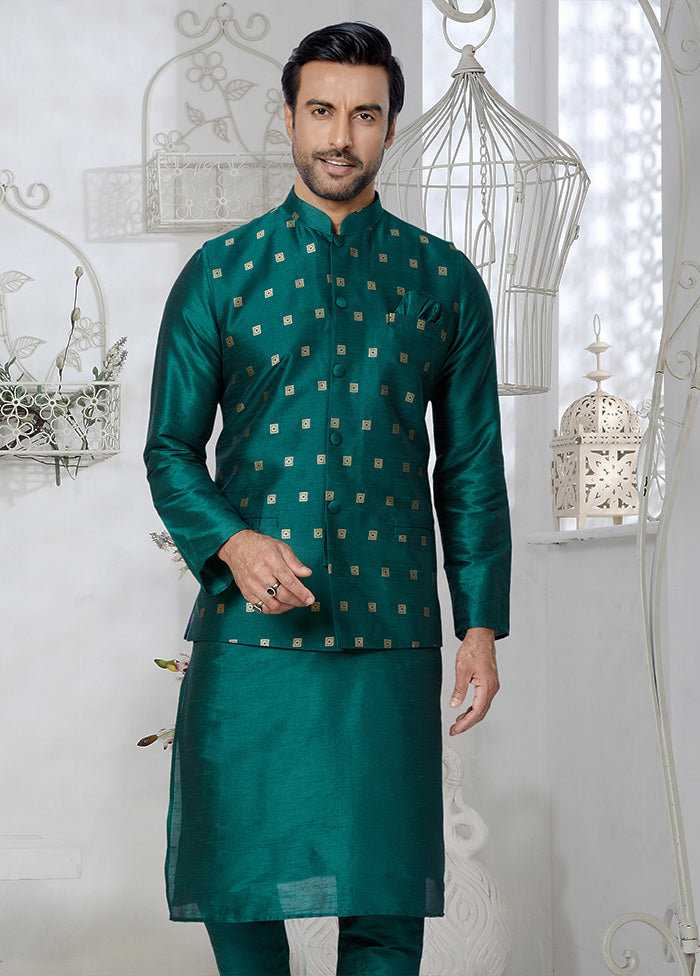 Rama Green Full Sleeves Mandarin Collar Waistcoat