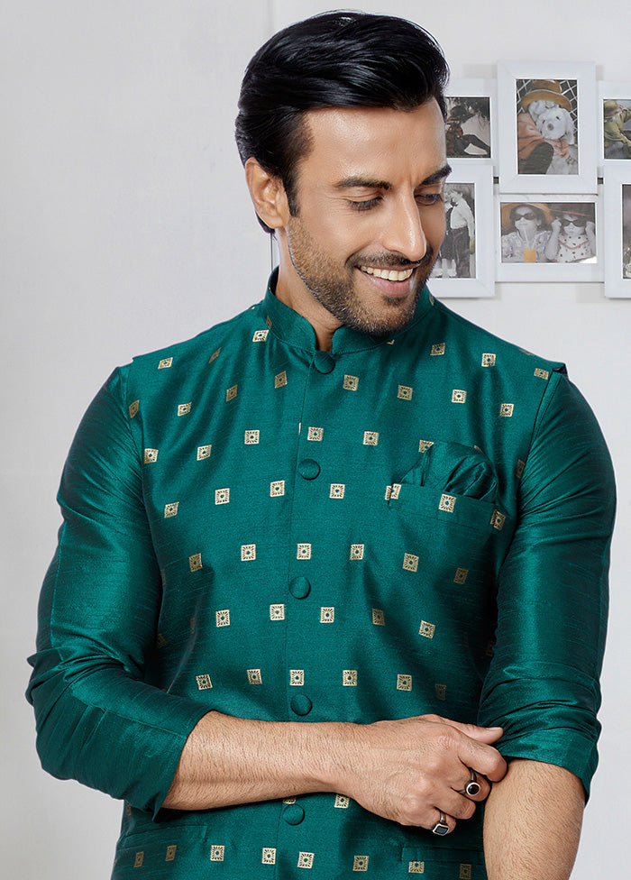 Rama Green Full Sleeves Mandarin Collar Waistcoat