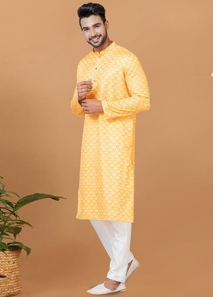 2 Pc Yellow Cotton Kurta Pajama Set