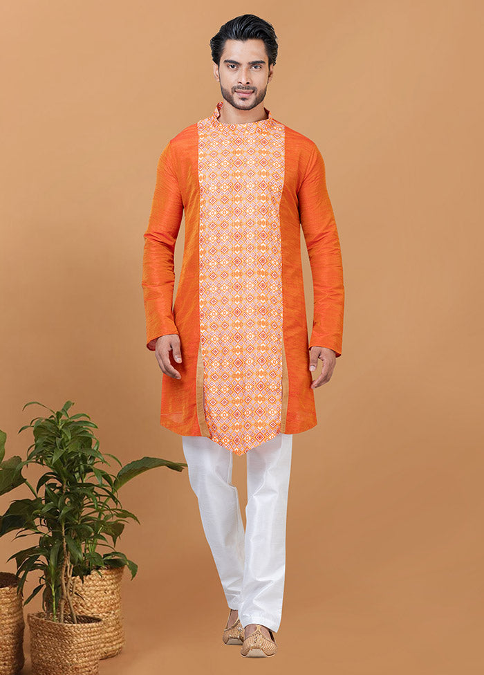 2 Pc Orange Silk Kurta Pajama Set
