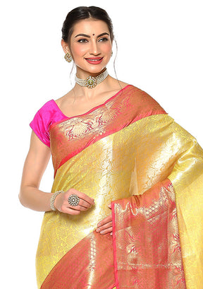 Yellow Silk Zari Saree Without Blouse Piece