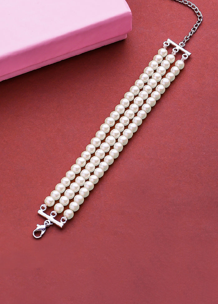 Rhodium Plated Graceful 3 Line Pearl Bracelet - Indian Silk House Agencies