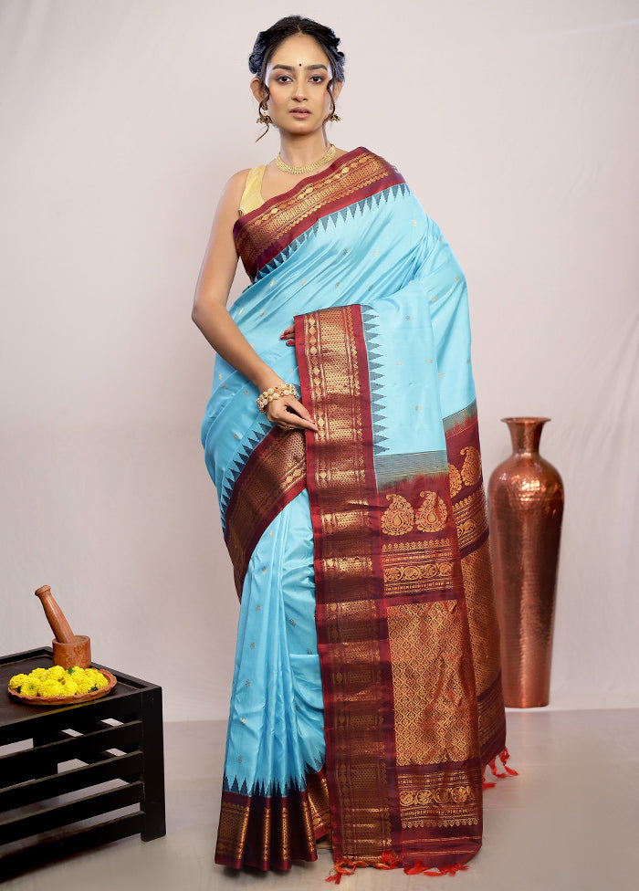 Blue Gadwal Pure Silk Saree Without Blouse Piece - Indian Silk House Agencies