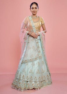 3 Pc Sky Blue Semi Stitched Silk Lehenga Set - Indian Silk House Agencies
