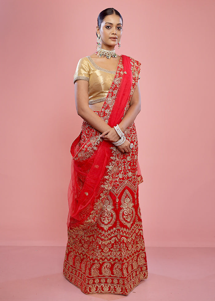 3 Pc Red Semi Stitched Silk Lehenga Set - Indian Silk House Agencies