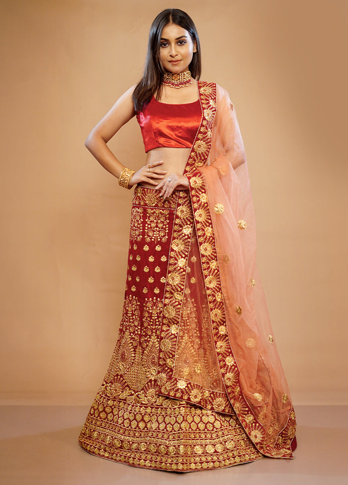 3 Pc Red Georgette Semi Stitched Lehenga Set - Indian Silk House Agencies