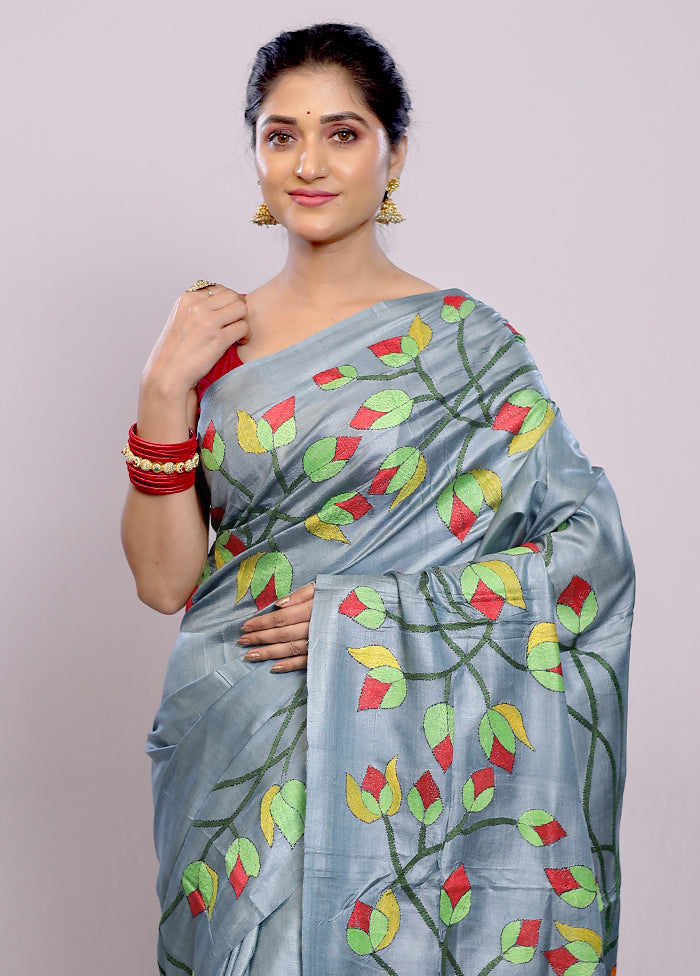 Grey Kantha Stitch Pure Silk Saree With Blouse Piece - Indian Silk House Agencies
