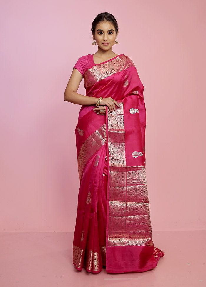 Dark Pink Tissue Banarasi Silk Saree With Blouse Piece - Indian Silk House Agencies