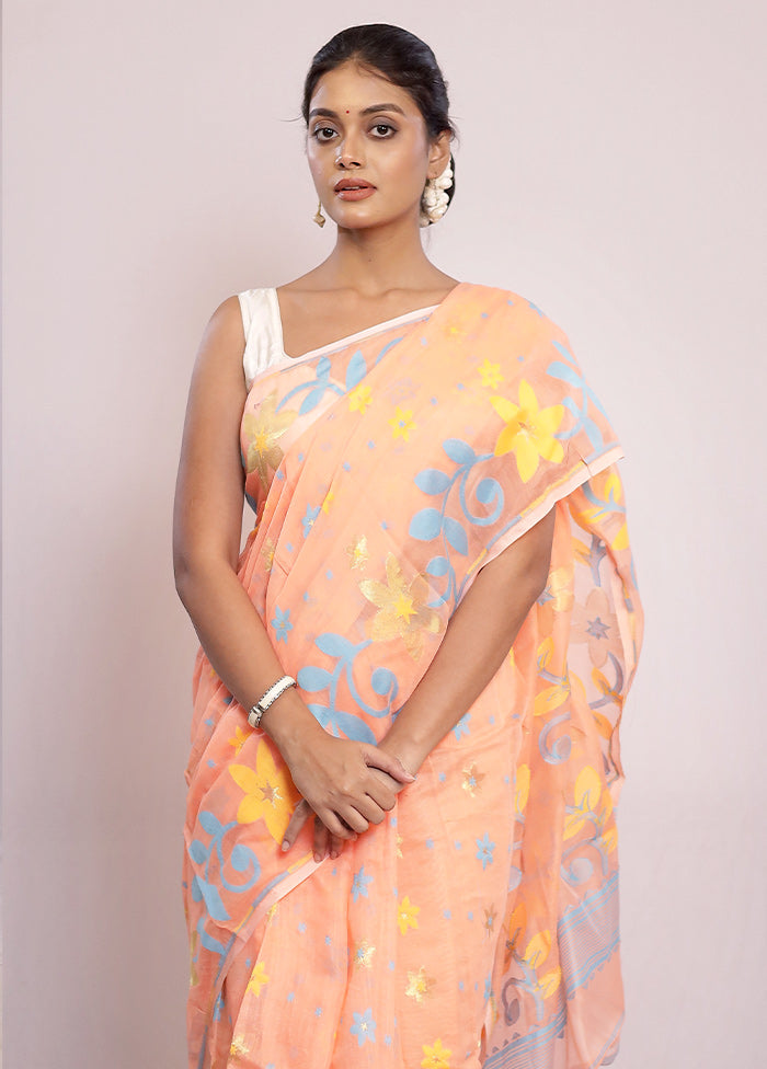 Peach Tant Jamdani Saree Without Blouse Piece - Indian Silk House Agencies
