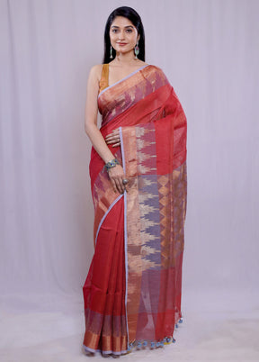 Red Linen Silk Saree With Blouse Piece - Indian Silk House Agencies