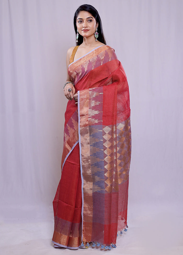 Red Linen Silk Saree With Blouse Piece - Indian Silk House Agencies
