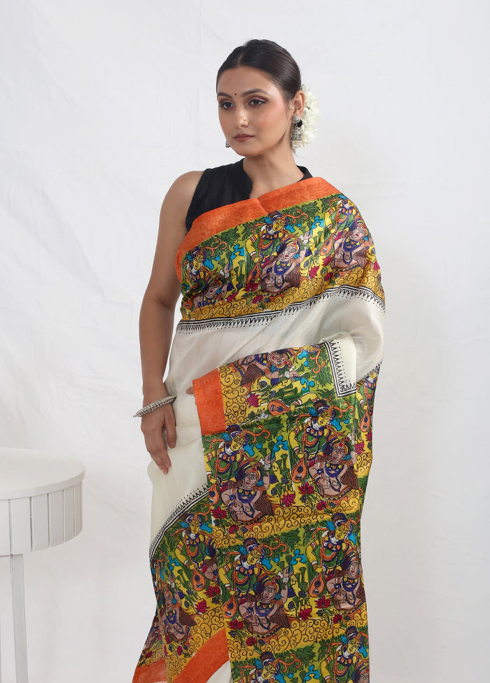 White Printed Pure Silk Saree With Blouse Piece - Indian Silk House Agencies