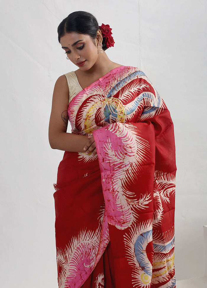 Red Batik Printed Pure Silk Saree With Blouse Piece - Indian Silk House Agencies