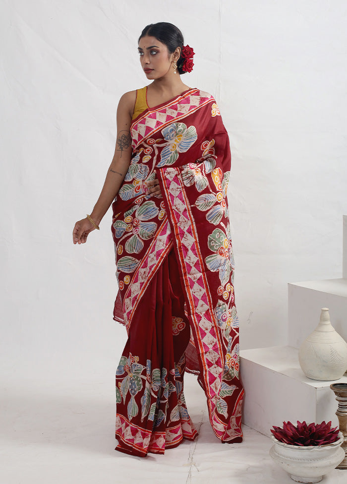Brown Batik Printed Pure Silk Saree With Blouse Piece - Indian Silk House Agencies
