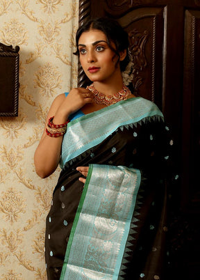 Black Pure Gadwal Silk Saree Without Blouse Piece - Indian Silk House Agencies
