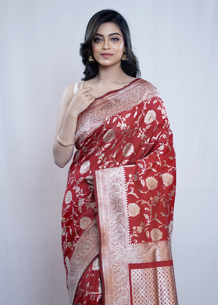 Red Katan Silk Saree With Blouse Piece - Indian Silk House Agencies